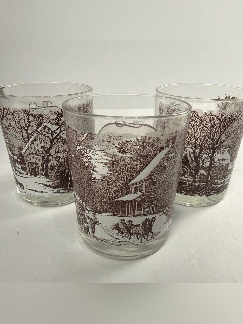 Currier & Ives Brown Whiskey Rocks Tumblers 3 vintage Winter Scenes